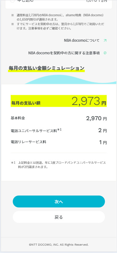 ahamoオプションの選択決定画面