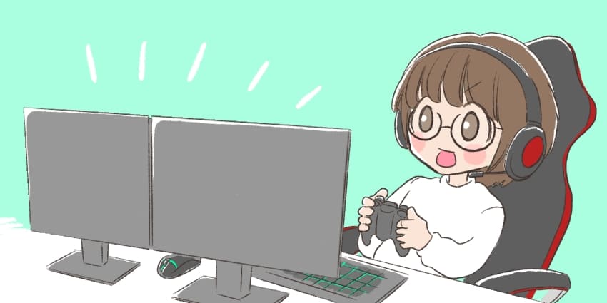 PCゲームをやっている人のイラスト