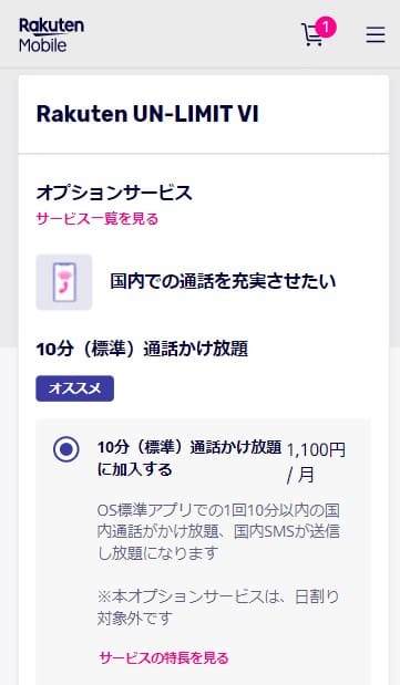 楽天モバイルの申し込みでオプションを選択する画面