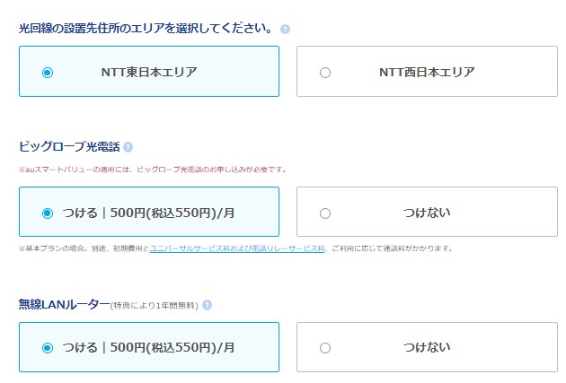 ビッグローブ光を公式サイトから申し込む手順2:利用するエリアの選択とオプションの有無を選択する