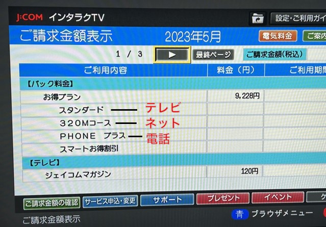 J:COM利用料金確認画面