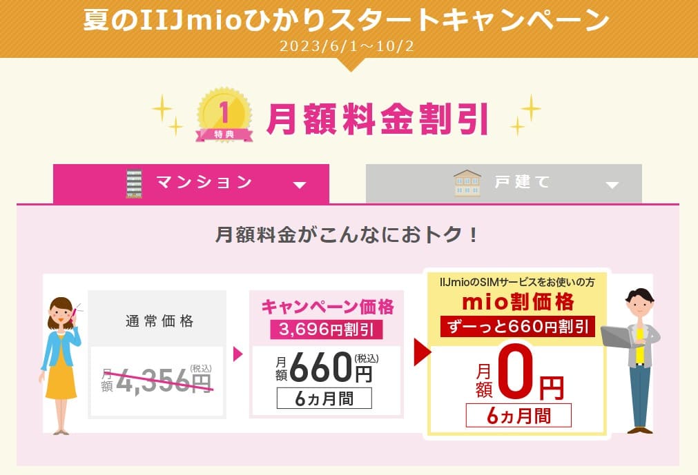 夏のIIJmioひかりスタートキャンペーン 月額料金割引
