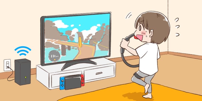 ホームルーターを設置してゲームをしている人のイラスト